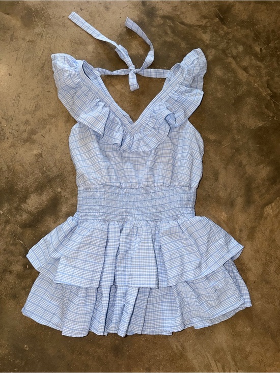 Day + Moon Pants - Day + Moon Blue Gingham Ruffle Romper Dress Style Smocked Tie Back Size L